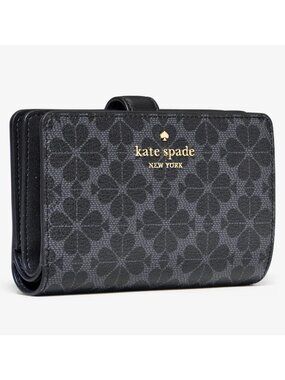New Kate Spade Signature Spade Flower Medium Compact Bifold Wallet Black